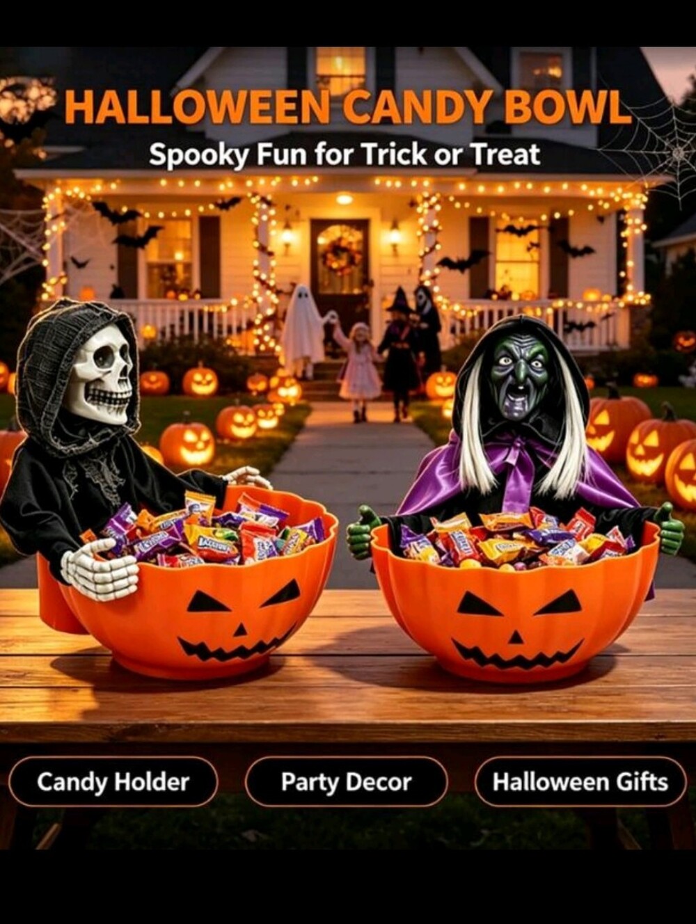 SET OF 2 MOTION ACTIVATED Halloween Skeleton And Witch Candy Bowl Decor